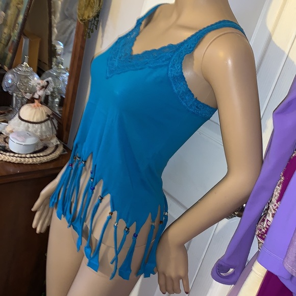 Hand beaded fringe turquoise teal tank top Upcycled and unique ooak  S M - Picture 11 of 12